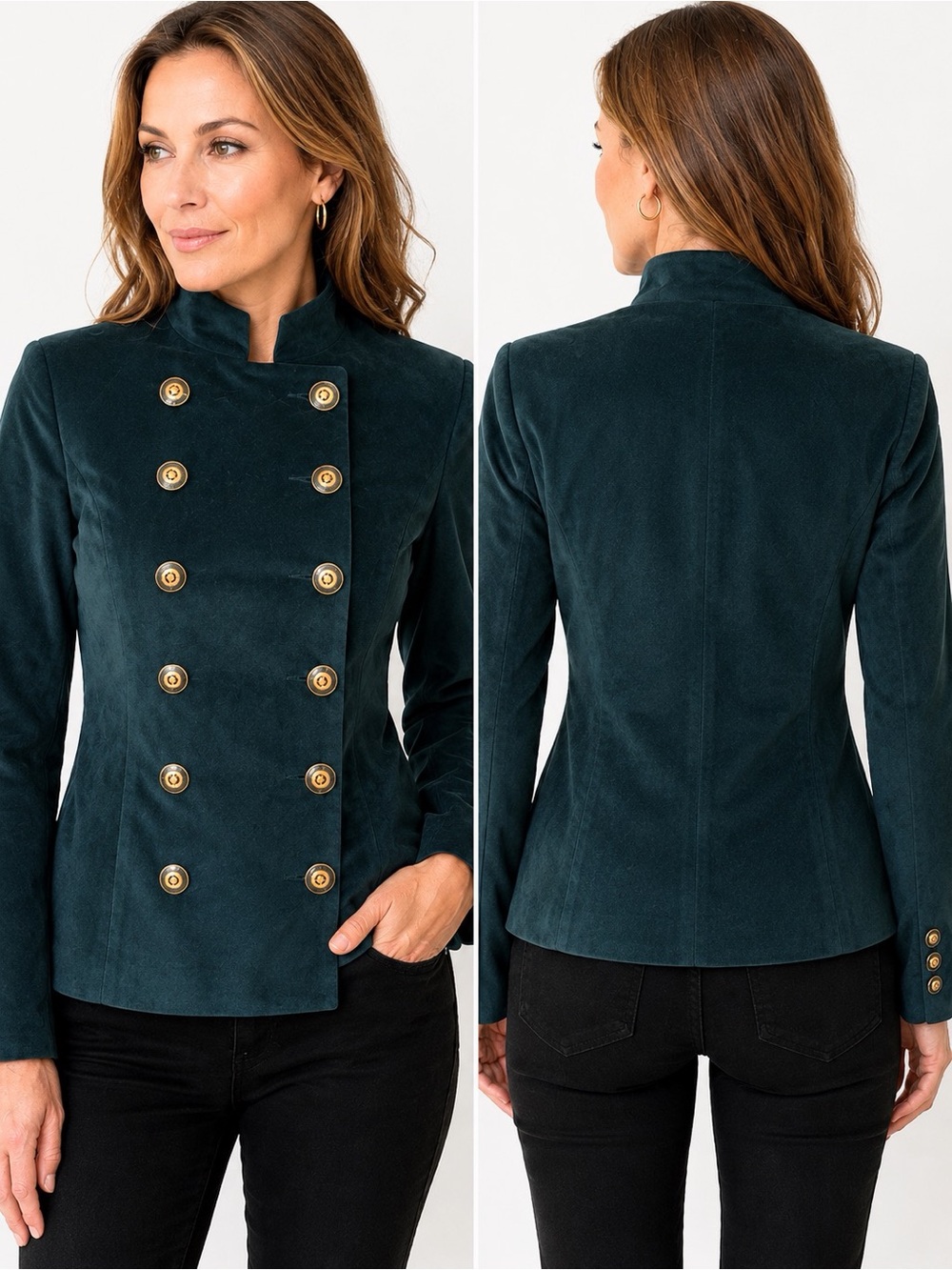 NEW WOMEN VELOUR BLAZER DOUBLE-BREASTED MILITARY VELVET JACKET‎ LINED FITTED